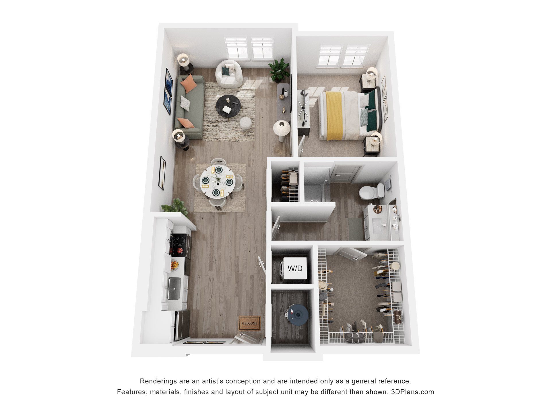 Floor plan for 1 bed, 1 bath, 676 sqft